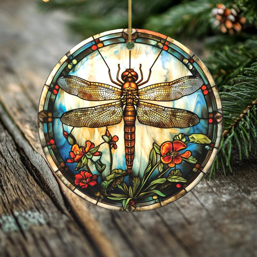 Peeping Tom's Cottage - Poppy Garden Dragonfly Ornament – Double Sided Porcelain Keepsake – Stained Glass Look Holiday Memorial Gift