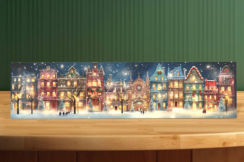 Peeping Tom's Cottage - Christmas City Row Houses and Church Original Art on 16x4 inch tile: 16 x 4 inches