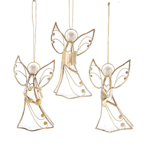 Three gold angel decorations with pearl centers on a white background