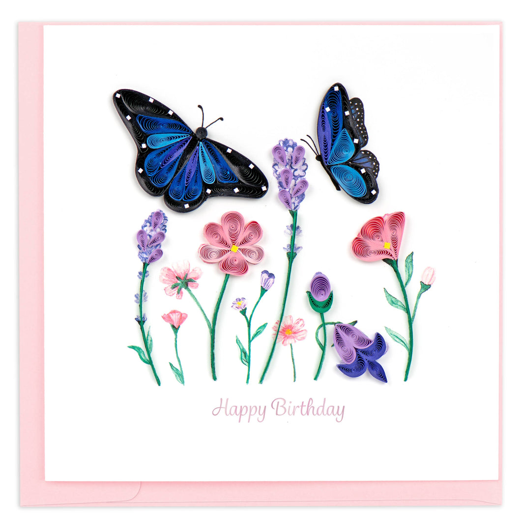 Quilling Card - Quilled Birthday Flowers & Blue Butterflies Greeting Card