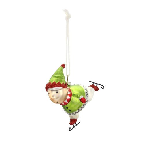 Skating Elf Glass Ornament